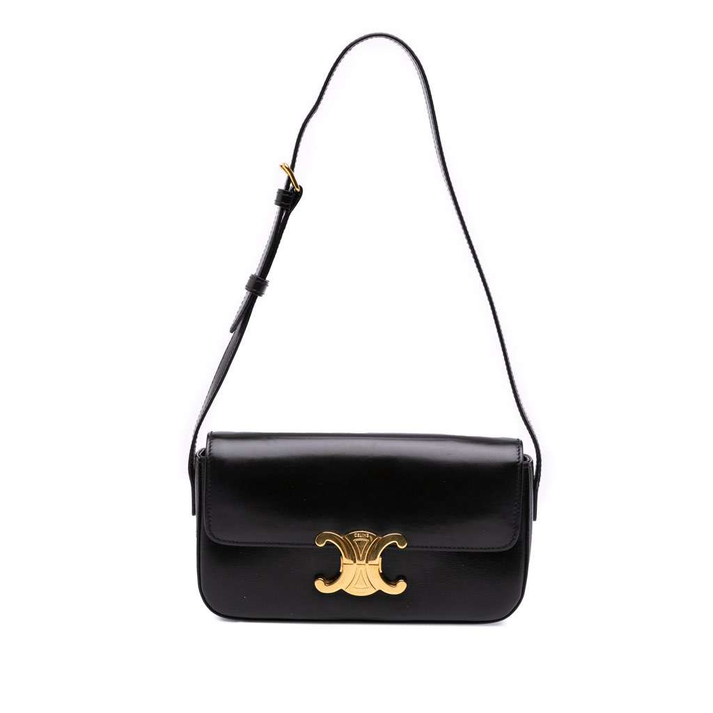 Celine Shiny Calfskin Claude Shoulder Bag Black Leather Good - Front View