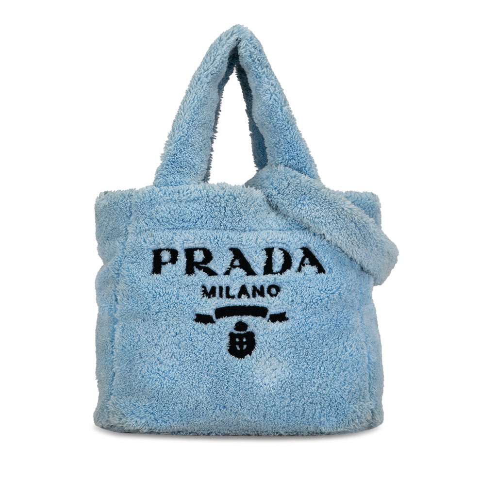 Prada Spugna Logo Terrycloth Tote Blue Cotton Good - Front View