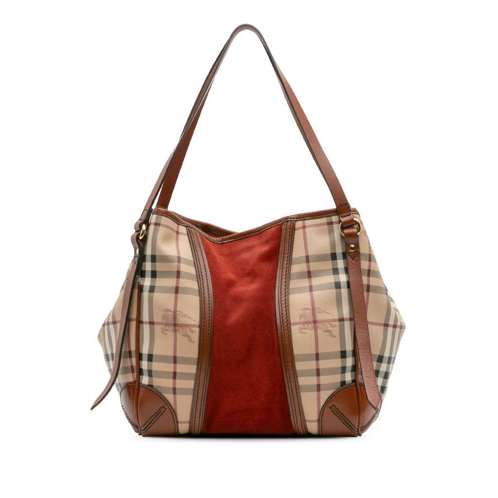 Burberry Small Suede Trimmed Haymarket Check Coated Canvas Canterbury Tote Brown Canvas Good - Front View