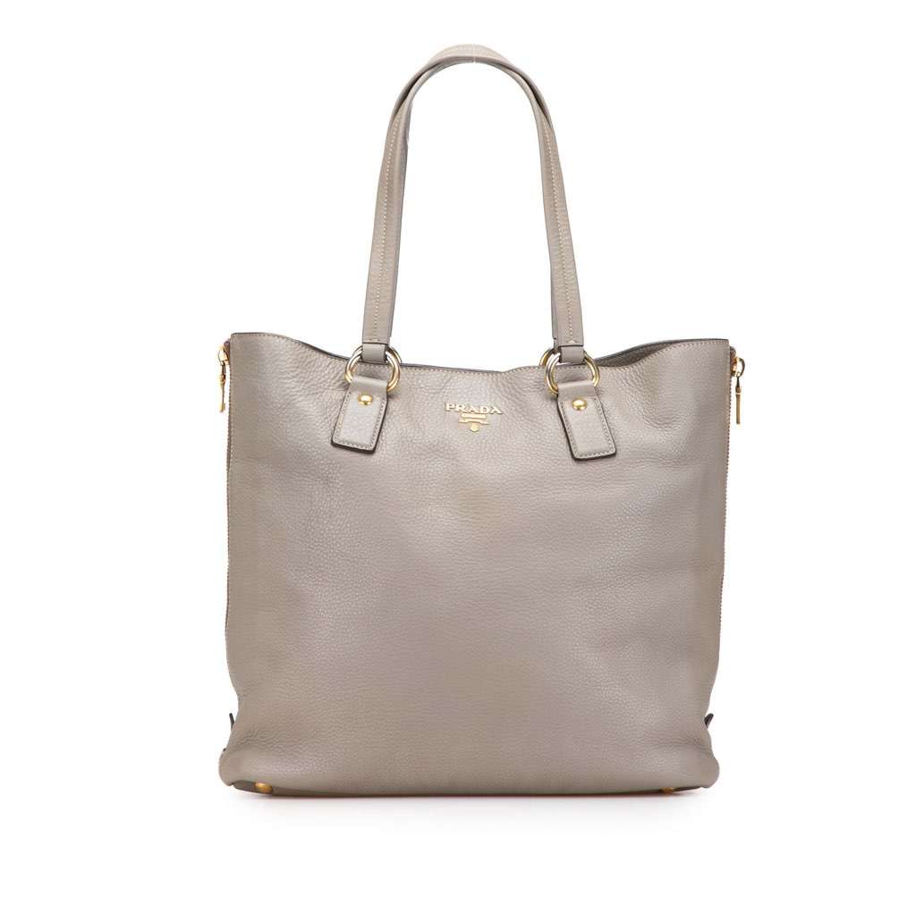 Prada Vitello Daino Side Zip Shopper Tote Grey Leather Very good - Front View