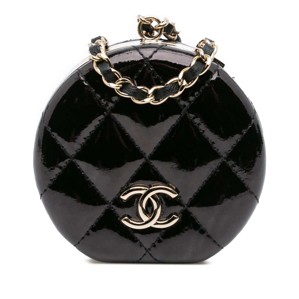 Chanel Quilted Patent Round Mirror Chain Necklace Black Leather Very good - Front View