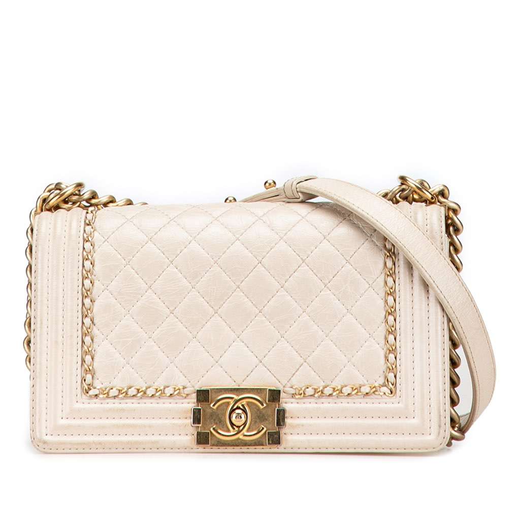 Chanel Old Medium Quilted Aged Calfskin Jacket Boy Flap White Leather Good - Front View