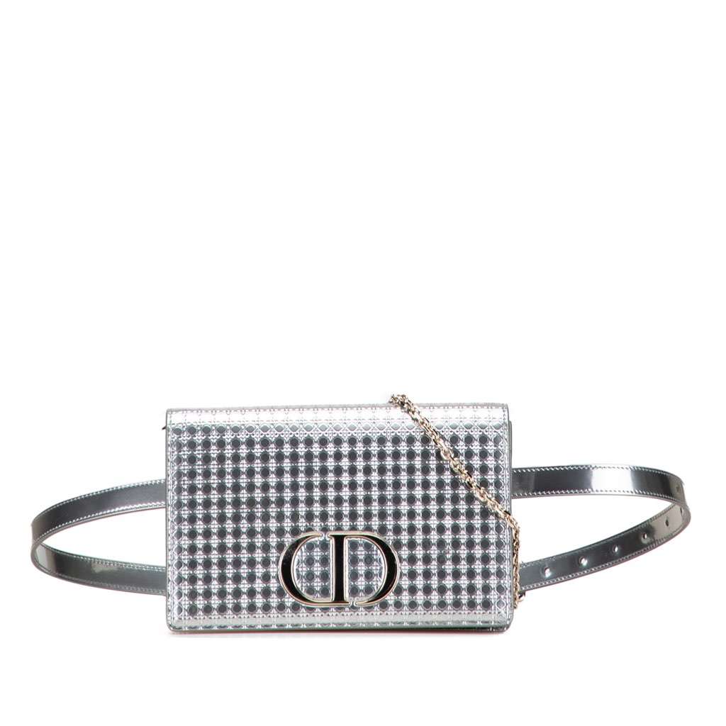Dior Metallic Patent Microcannage 2 in 1 30 Montaigne Pouch Silver Leather Good condition - Front View