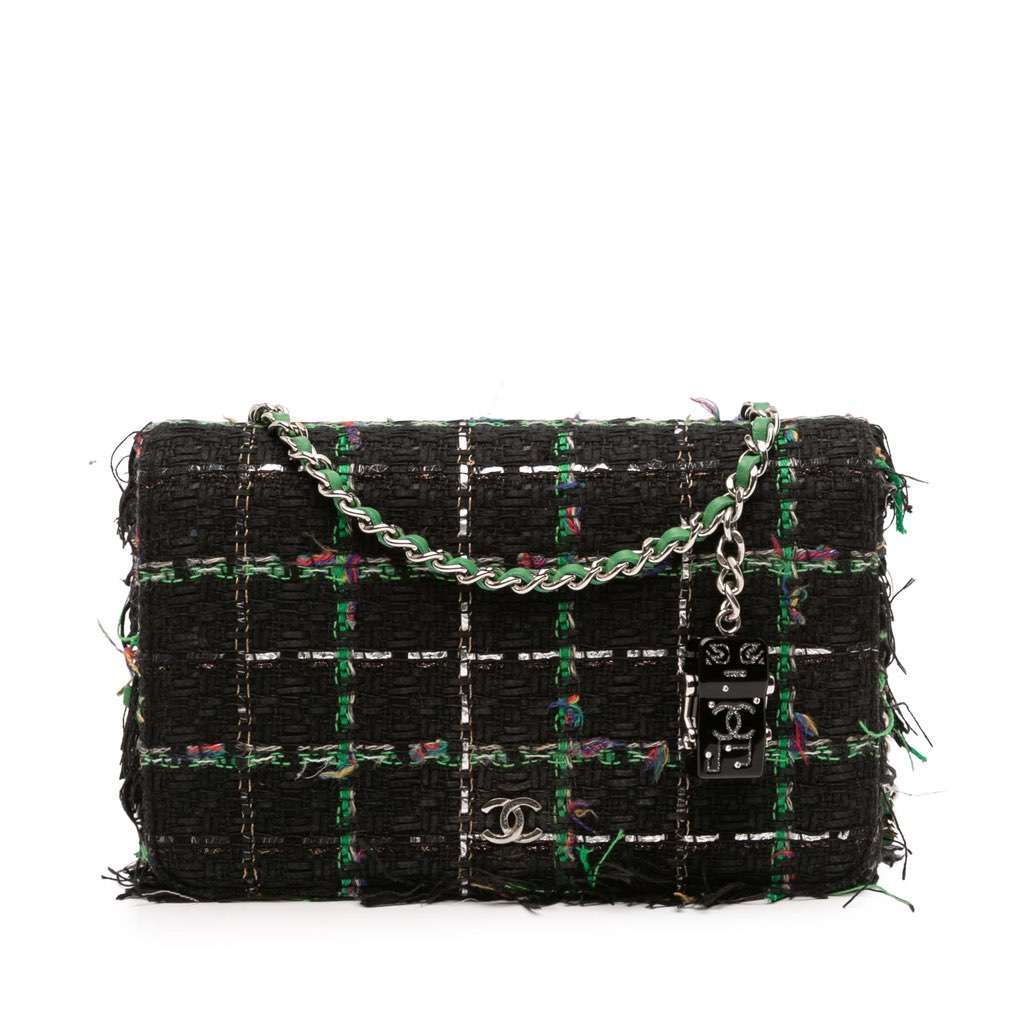 Chanel Quilted Boucle Tweed Robot Charm Wallet On Chain Black Tweed Good - Front View