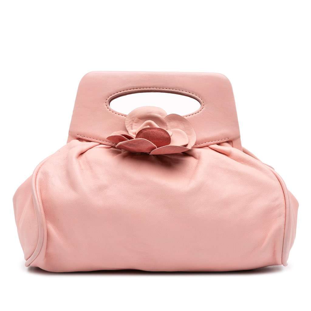 Chanel Lambskin Camellia Top Handle Frame Bag Pink Leather Good - Front View