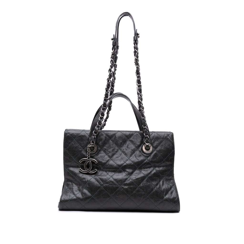 Chanel CC Quilted Crumpled Caviar Crave Tote Black Leather Good condition - Front View