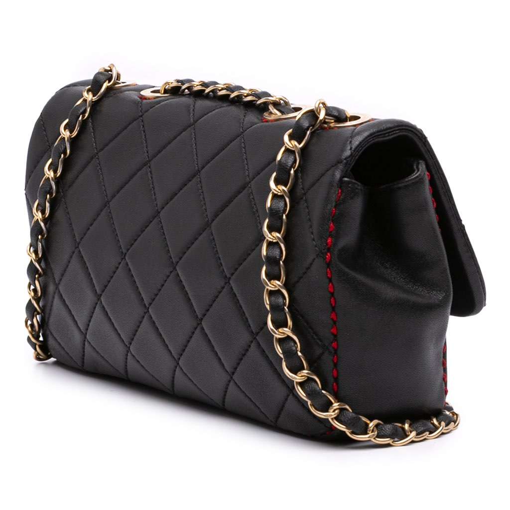 Chanel CC Quilted Lambskin Contrast Stitch Single Flap Black Leather Good - Back View