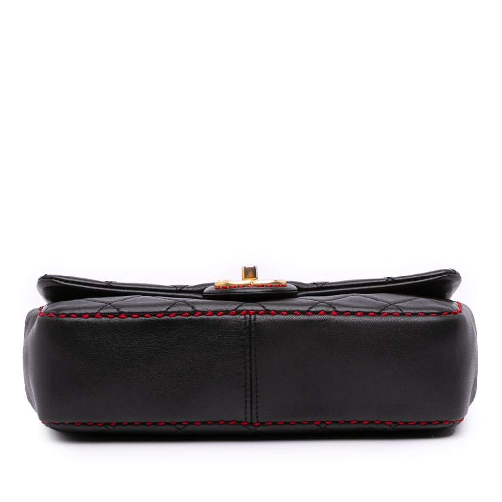 Chanel CC Quilted Lambskin Contrast Stitch Single Flap Black Leather Good - Inside View