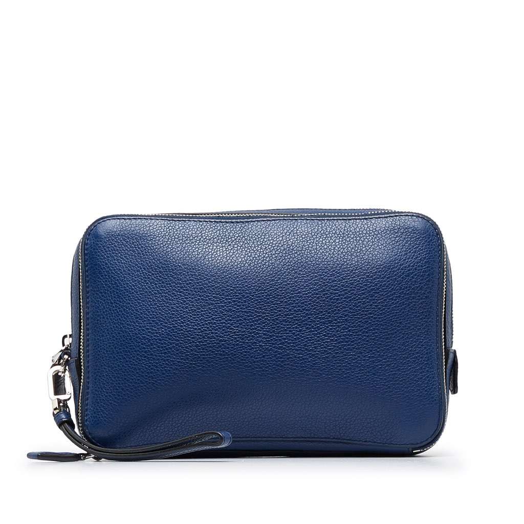 Prada Vitello Daino Clutch Bag Blue Leather Very good condition - Front View