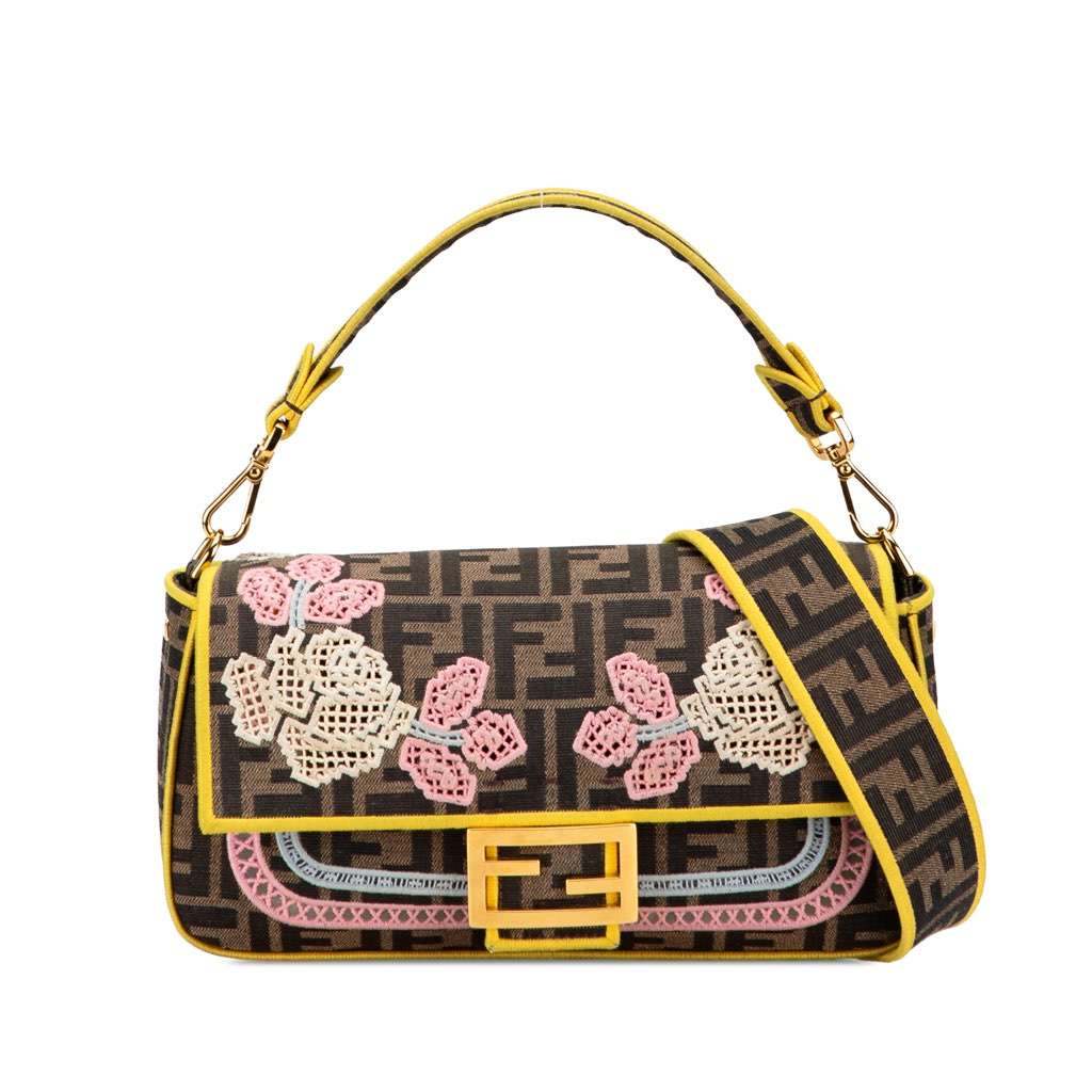 Fendi Zucca Embroidered Canvas Floral Baguette Satchel Brown Canvas Good - Front View