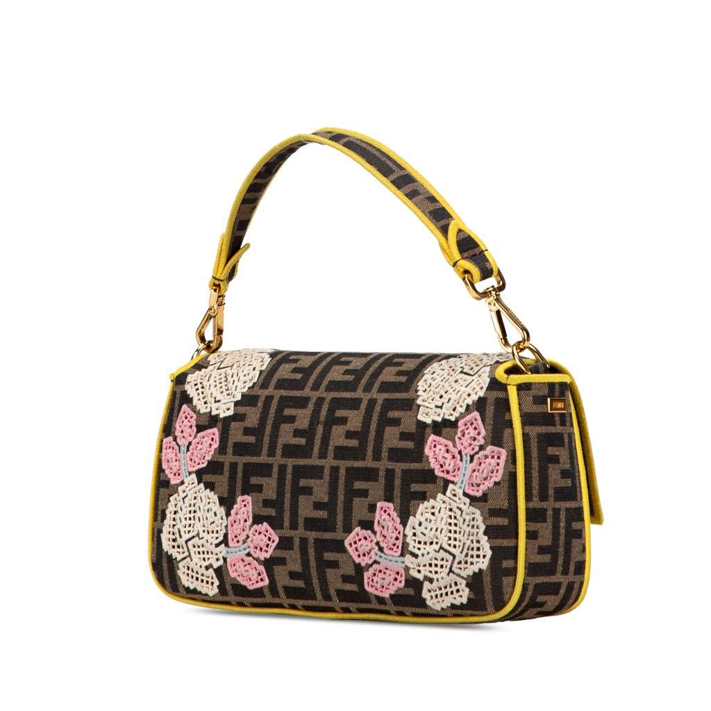 Fendi Zucca Embroidered Canvas Floral Baguette Satchel Brown Canvas Good - Back View