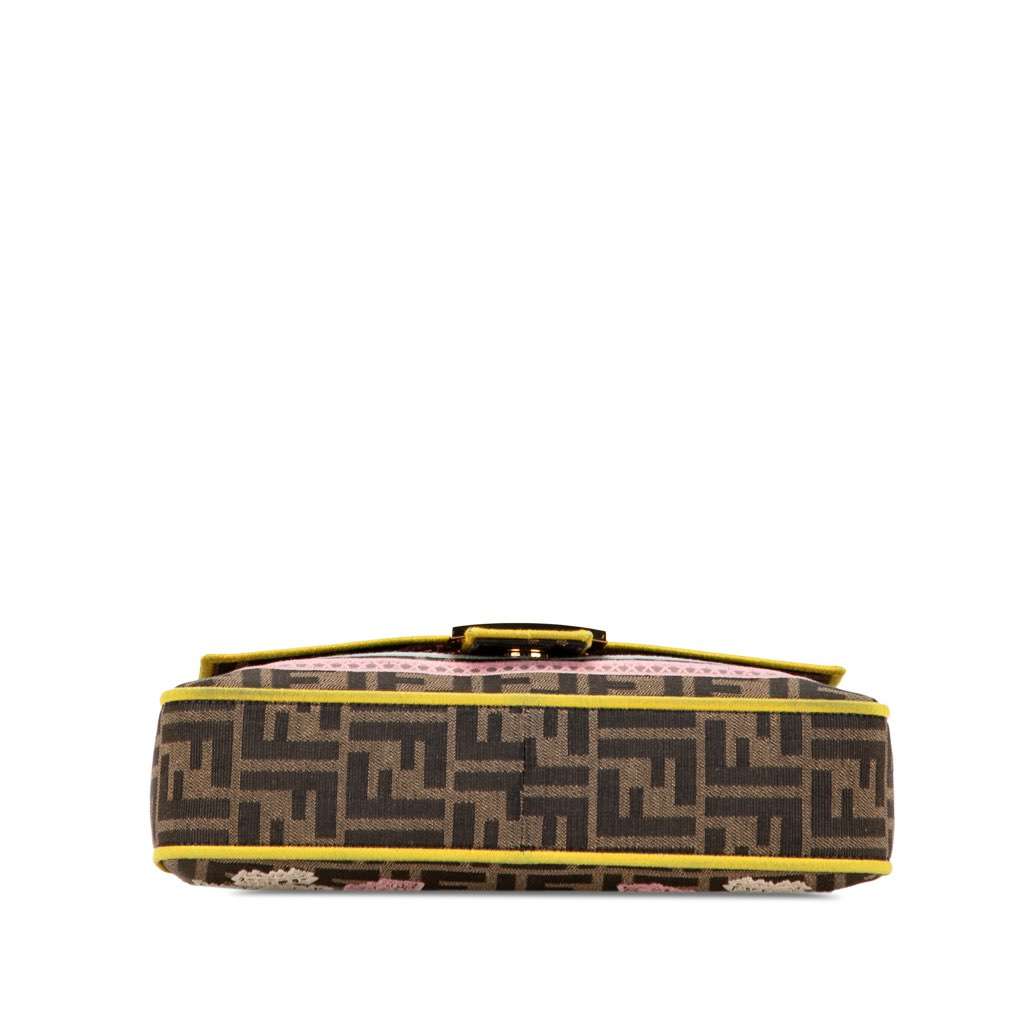 Fendi Zucca Embroidered Canvas Floral Baguette Satchel Brown Canvas Good - Inside View