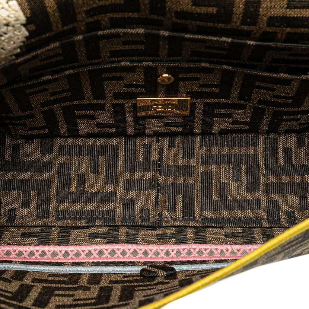 Fendi Zucca Embroidered Canvas Floral Baguette Satchel Brown Canvas Good - Model View