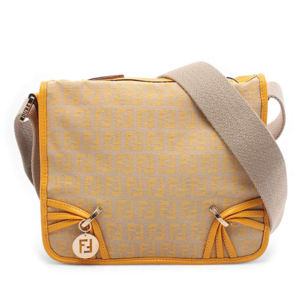 Fendi Zucchino Canvas F Charm Crossbody Brown Canvas Good - Front View