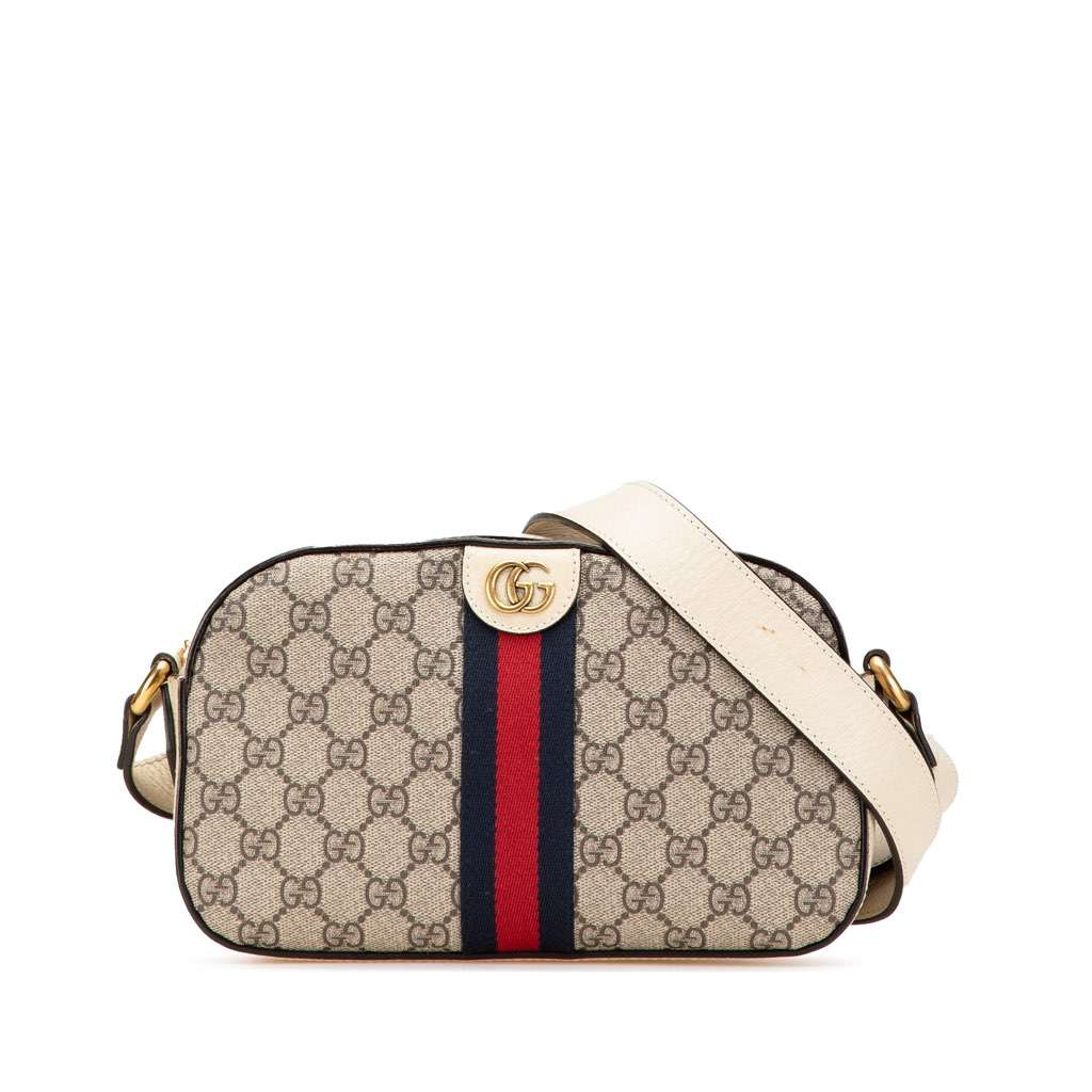 Gucci Small GG Supreme Textured Calfskin Web Ophidia Camera Bag Brown Canvas Very good - Front View