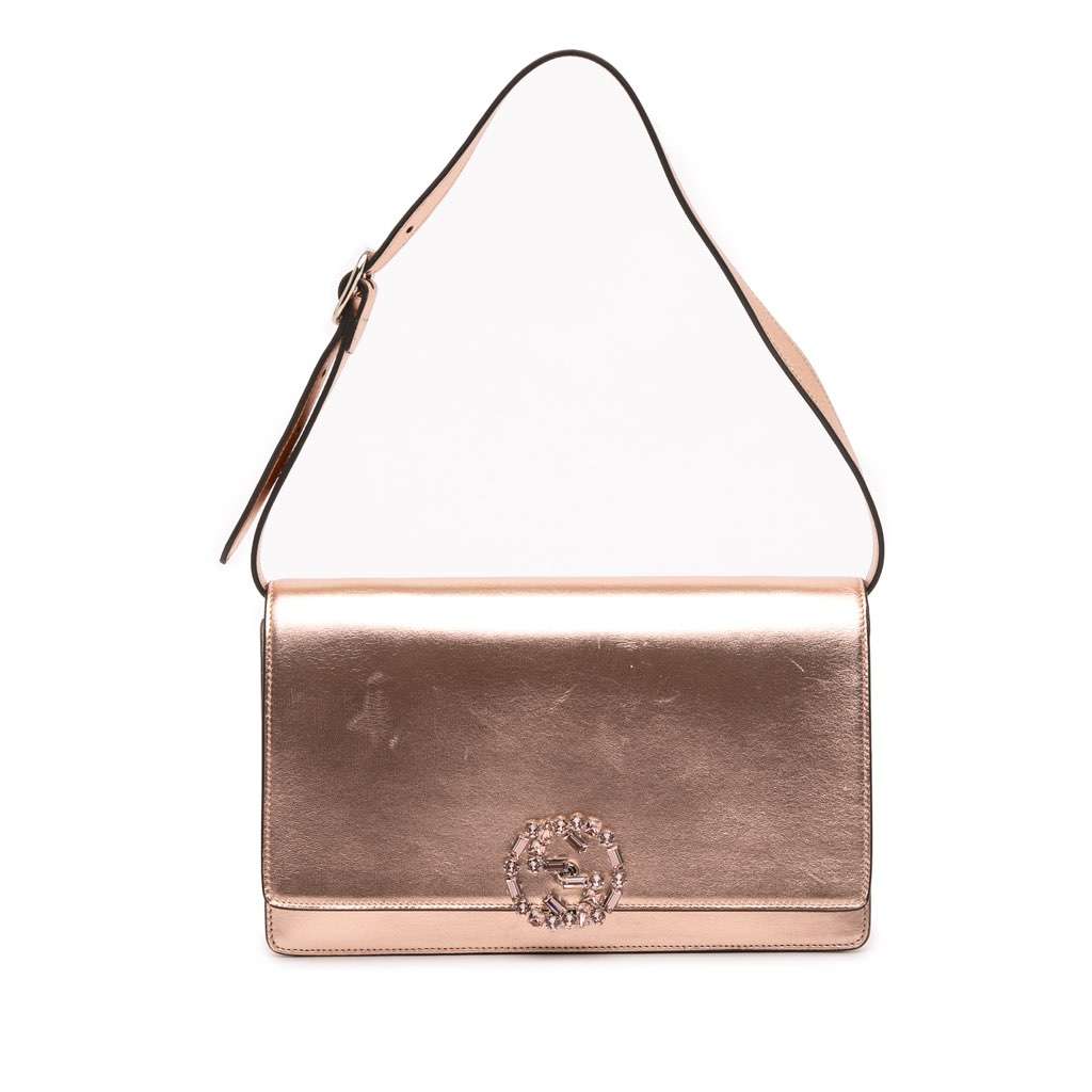 Gucci Metallic Leather Crystal Embellished Broadway Clutch on Strap Gold Leather Good condition - Front View