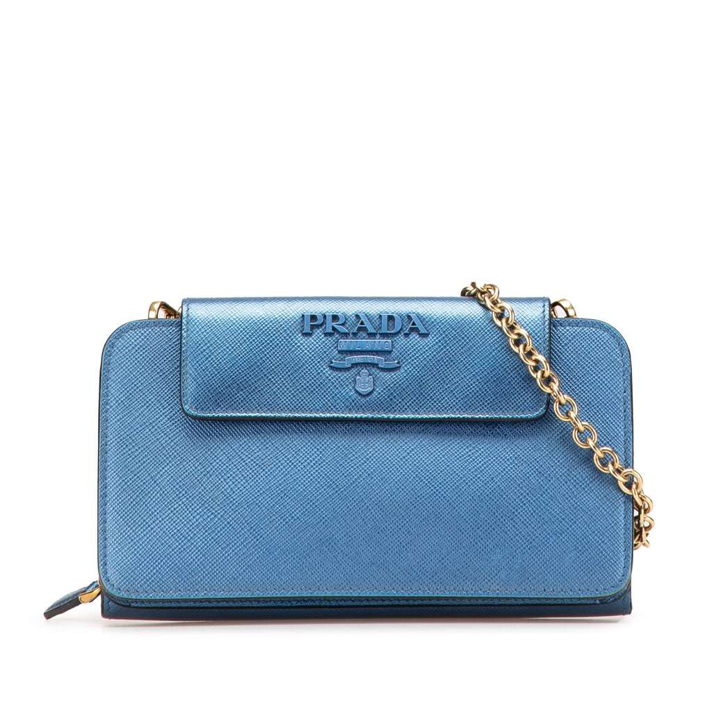 Prada Saffiano Metal Oral Phone Wallet on Chain Blue Leather Good - Front View