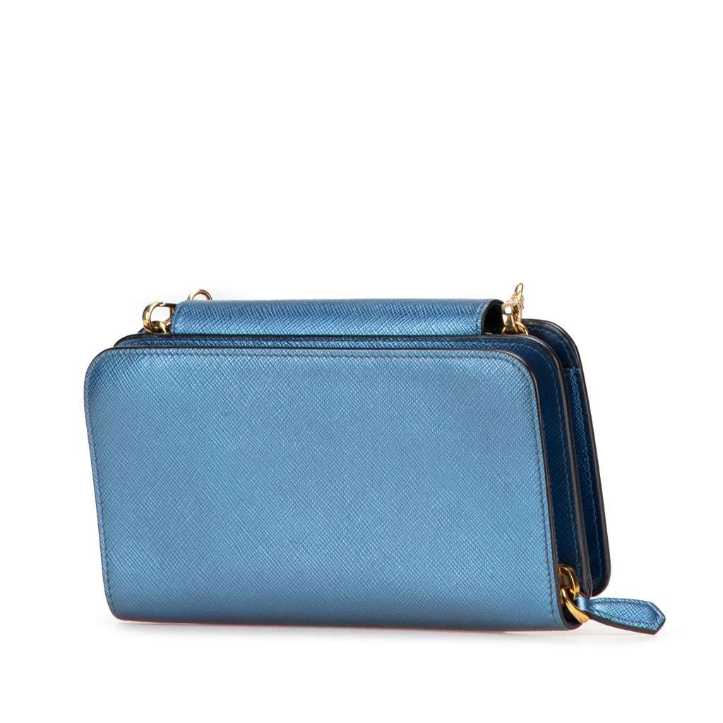 Prada Saffiano Metal Oral Phone Wallet on Chain Blue Leather Good - Back View
