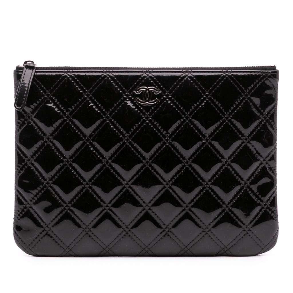 Chanel Medium Quilted Patent O Case Clutch Black Leather Good - Front View
