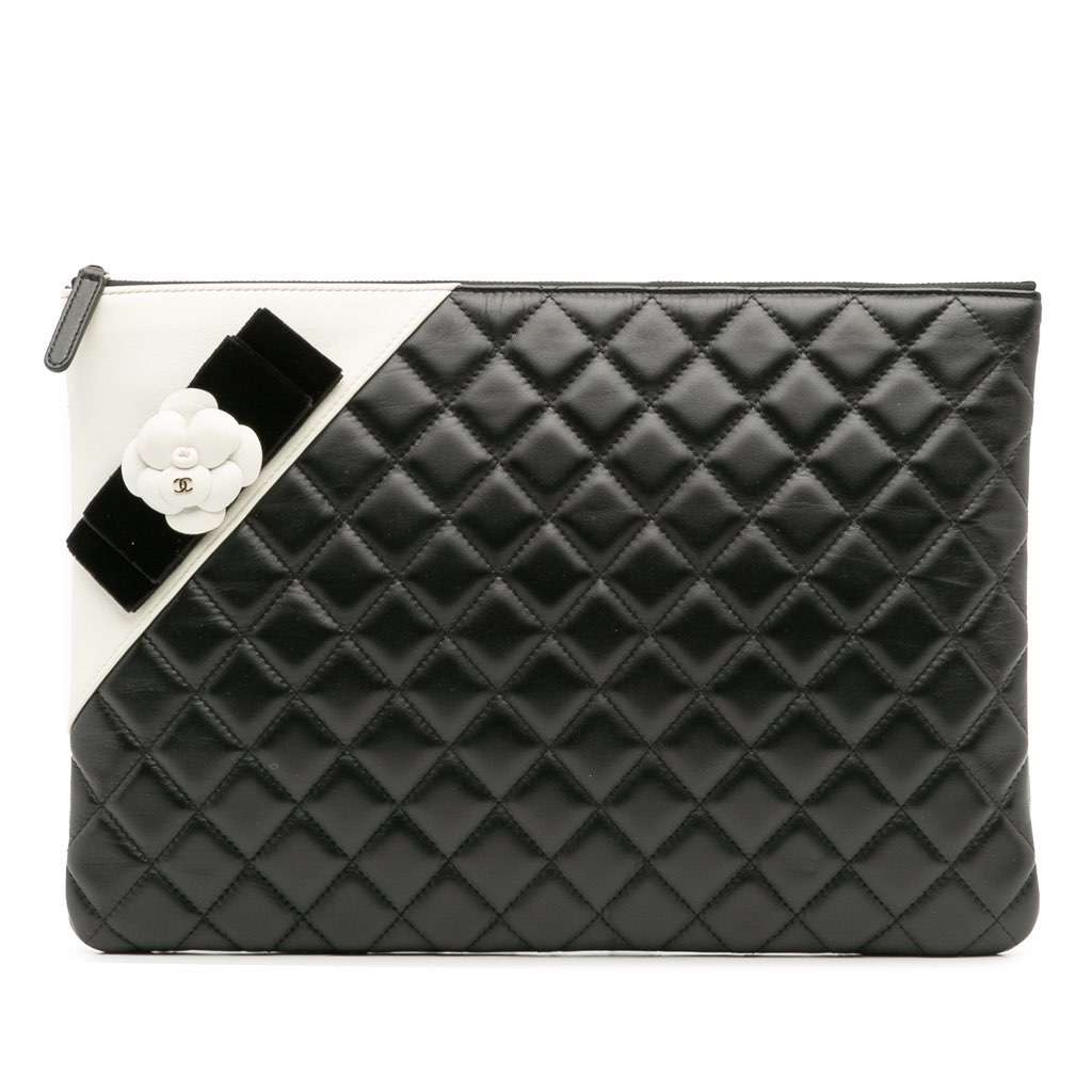 Chanel Large Quilted Lambskin Camellia O Case Clutch Black Leather Good - Front View