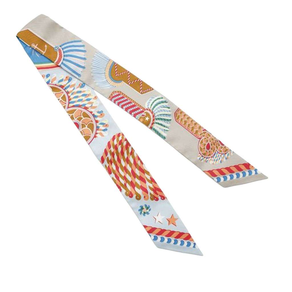 Hermès Epaulettes de Gala Silk Twilly Scarf Blue Silk Very good condition - Back View