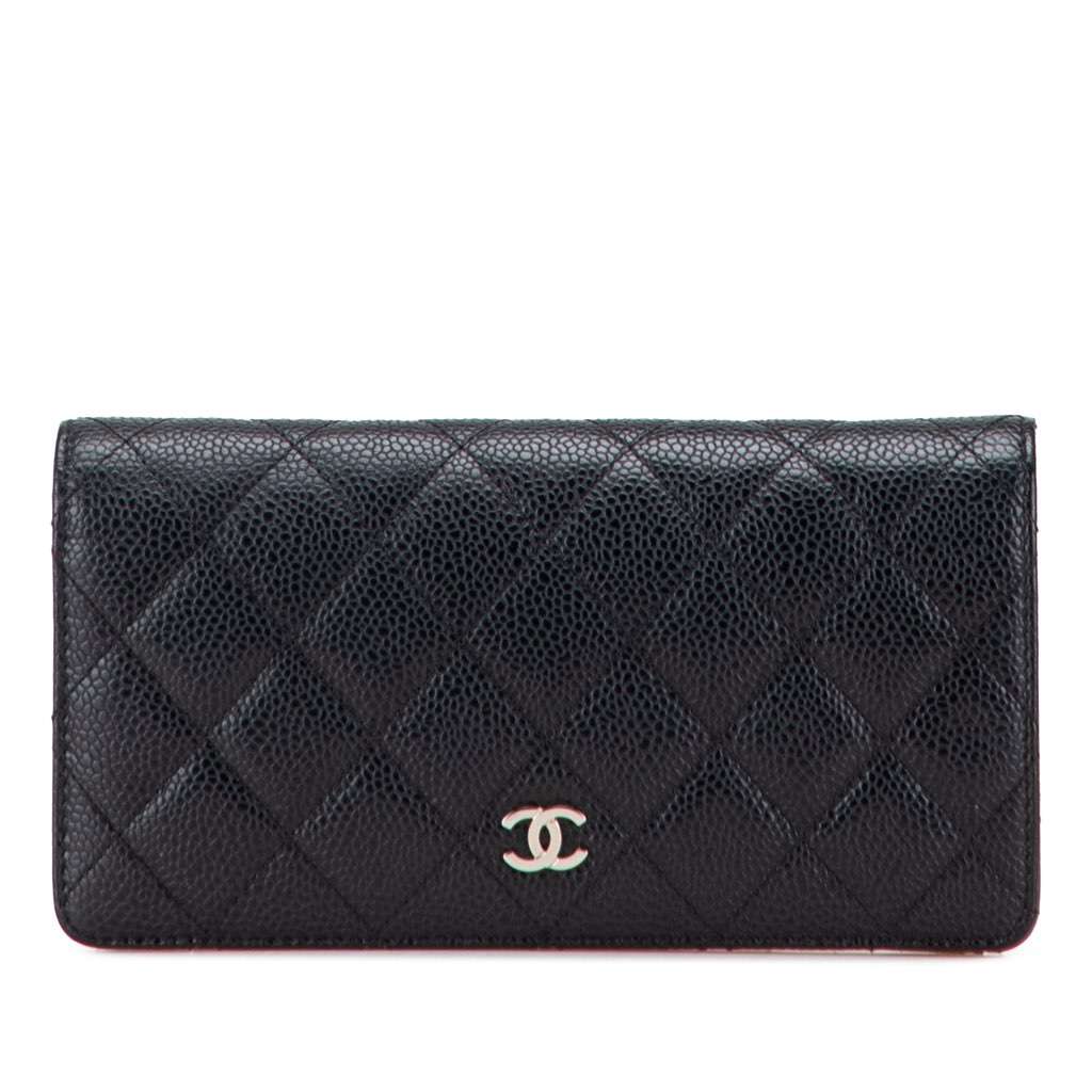 Chanel CC Quilted Caviar Long Wallet Black Leather Good condition - Front View