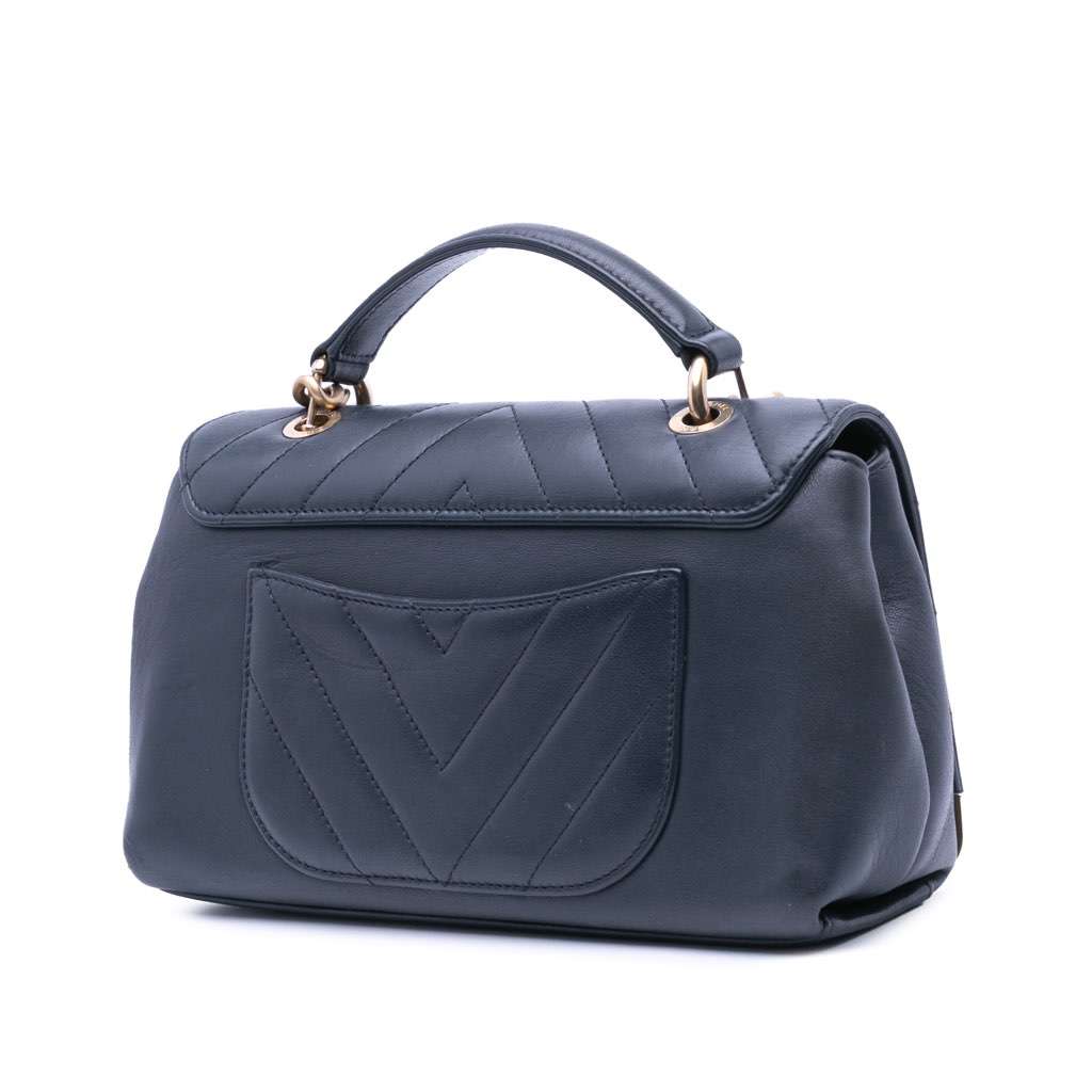 Chanel Chevron Sheepskin Stitched Chain Top Handle Flap Black Leather Good - Back View