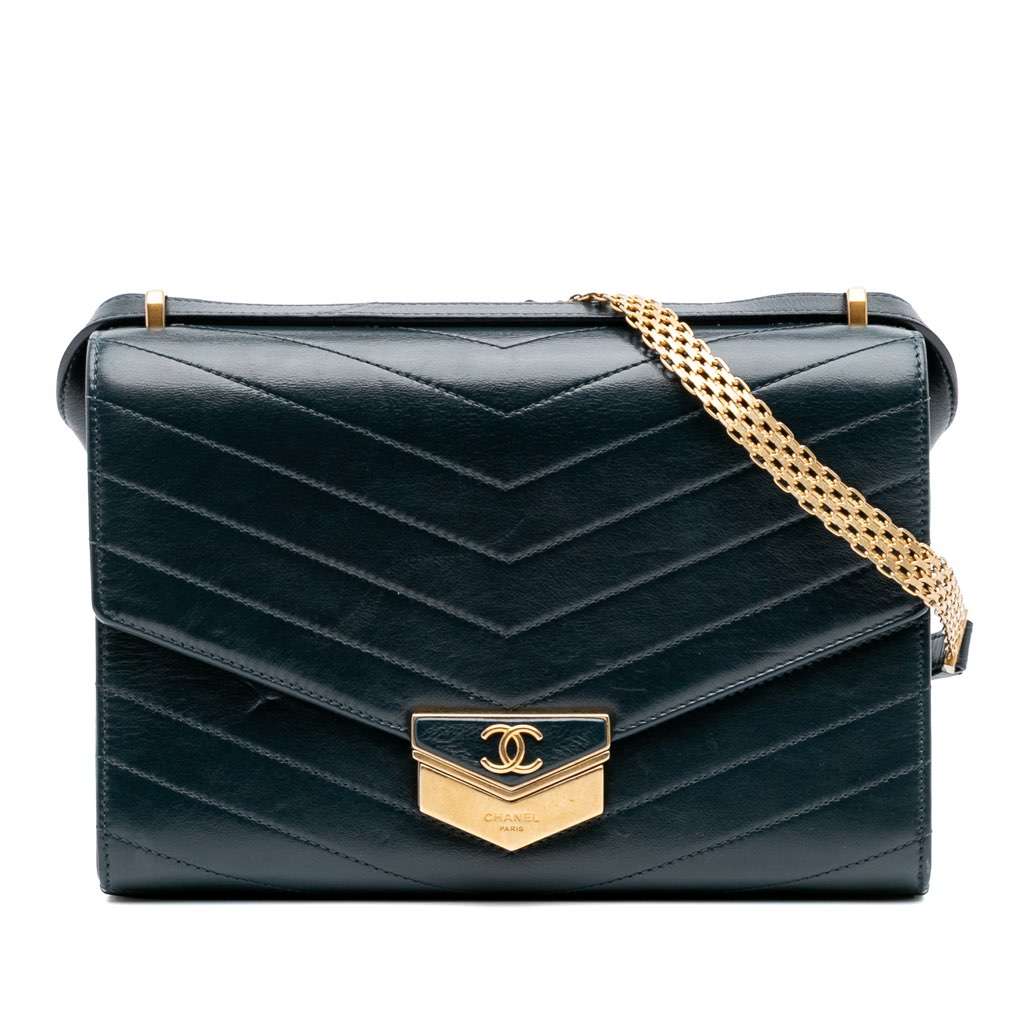 Chanel CC Chevron Calfskin Medal Flap Green Leather Good - Front View