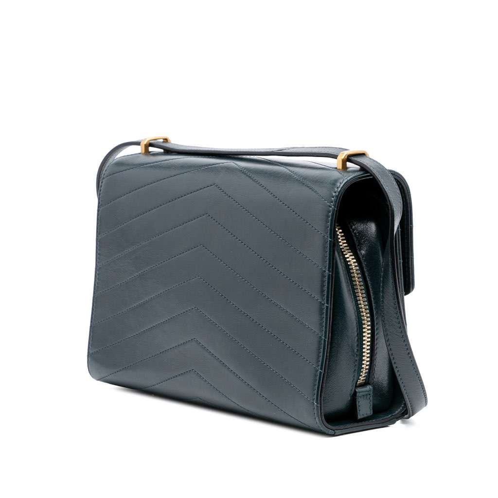Chanel CC Chevron Calfskin Medal Flap Green Leather Good - Back View