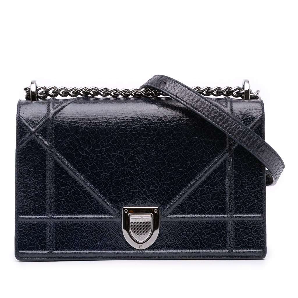 Dior Medium Crackled Deerskin Diorama Flap Blue Leather Good condition - Front View