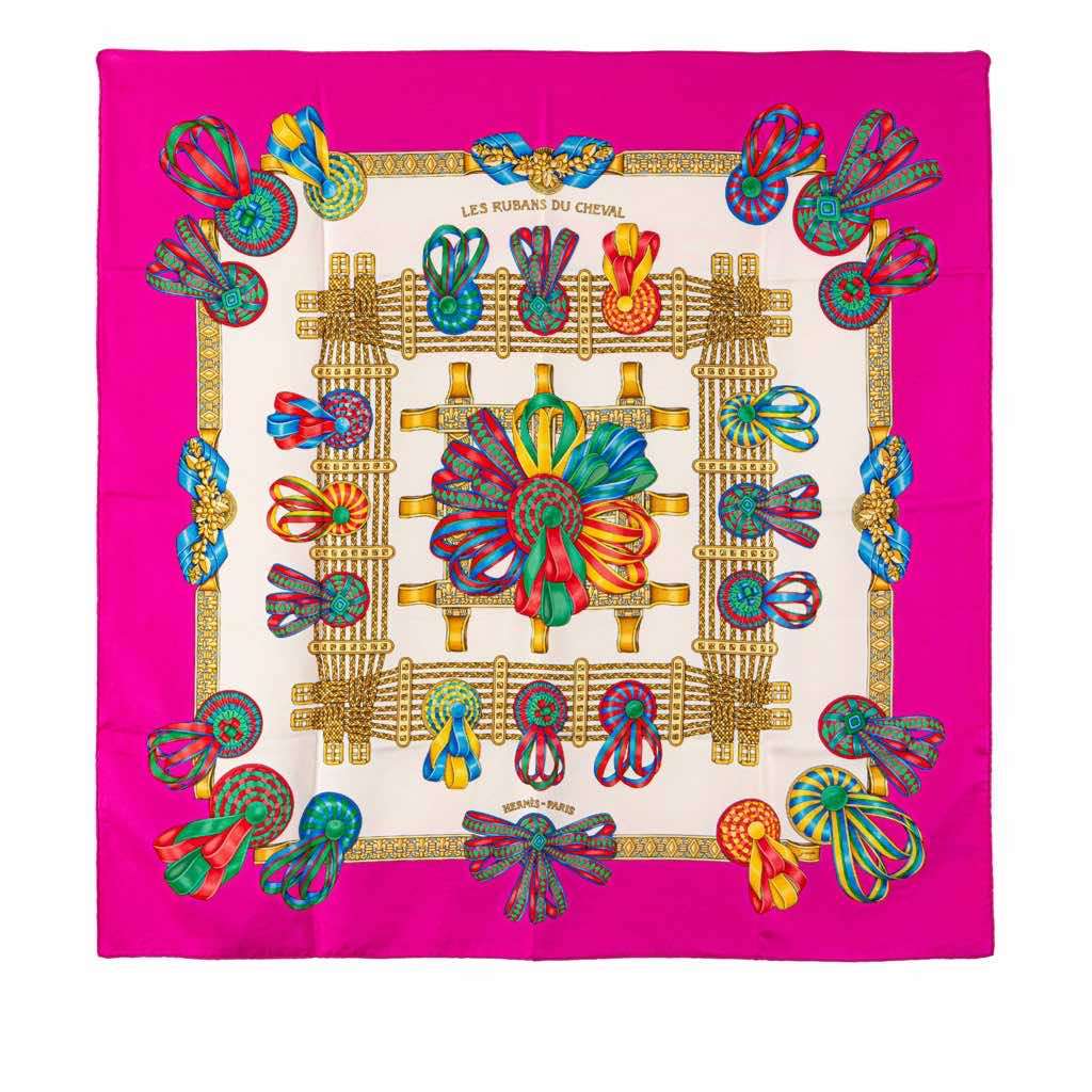 Hermès Les Rubans du Cheval Silk Scarf Pink Silk Good condition - Front View