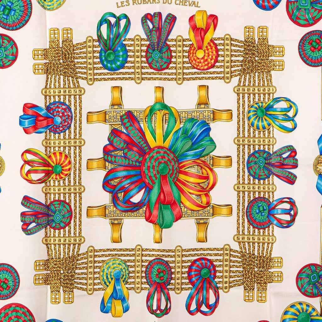 Hermès Les Rubans du Cheval Silk Scarf Pink Silk Good condition - Back View
