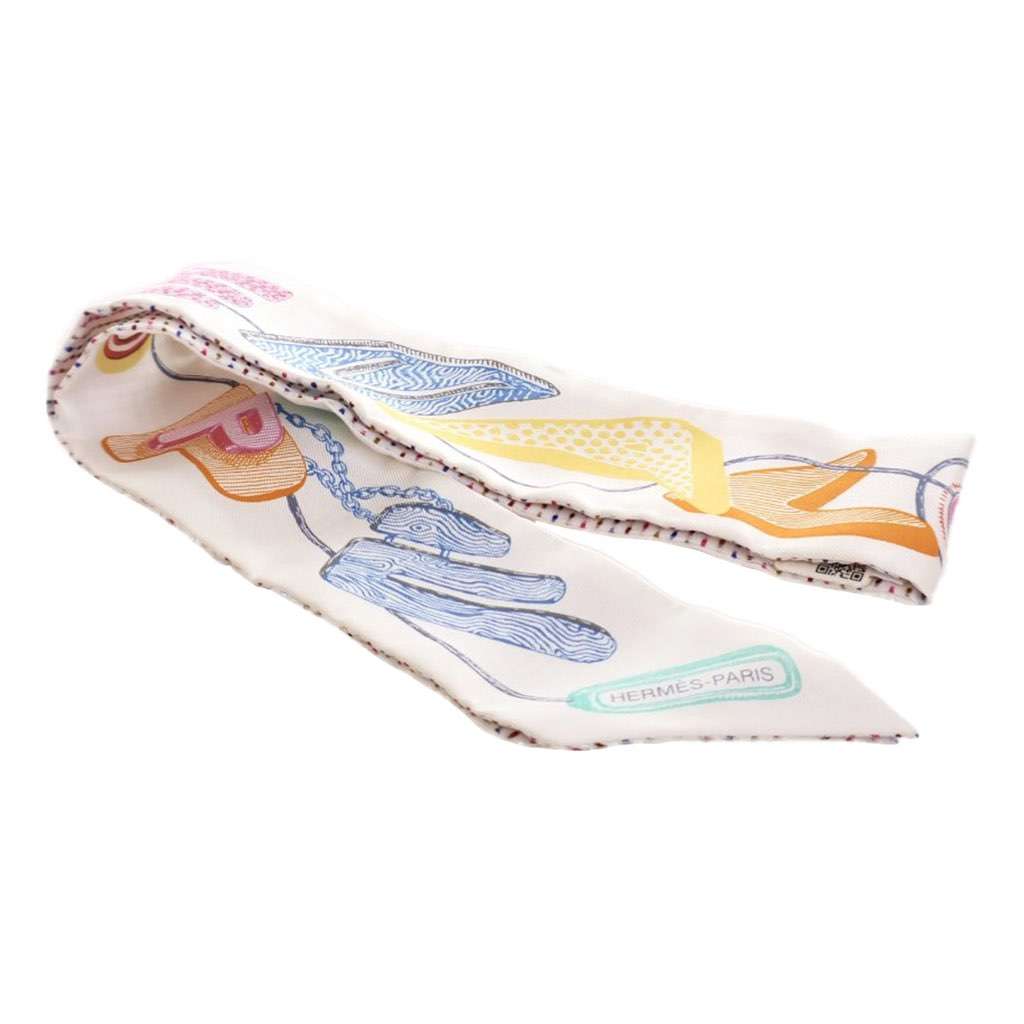 Hermès Chevaloscope Neon Twilly Scarf White Silk Very good condition - Front View