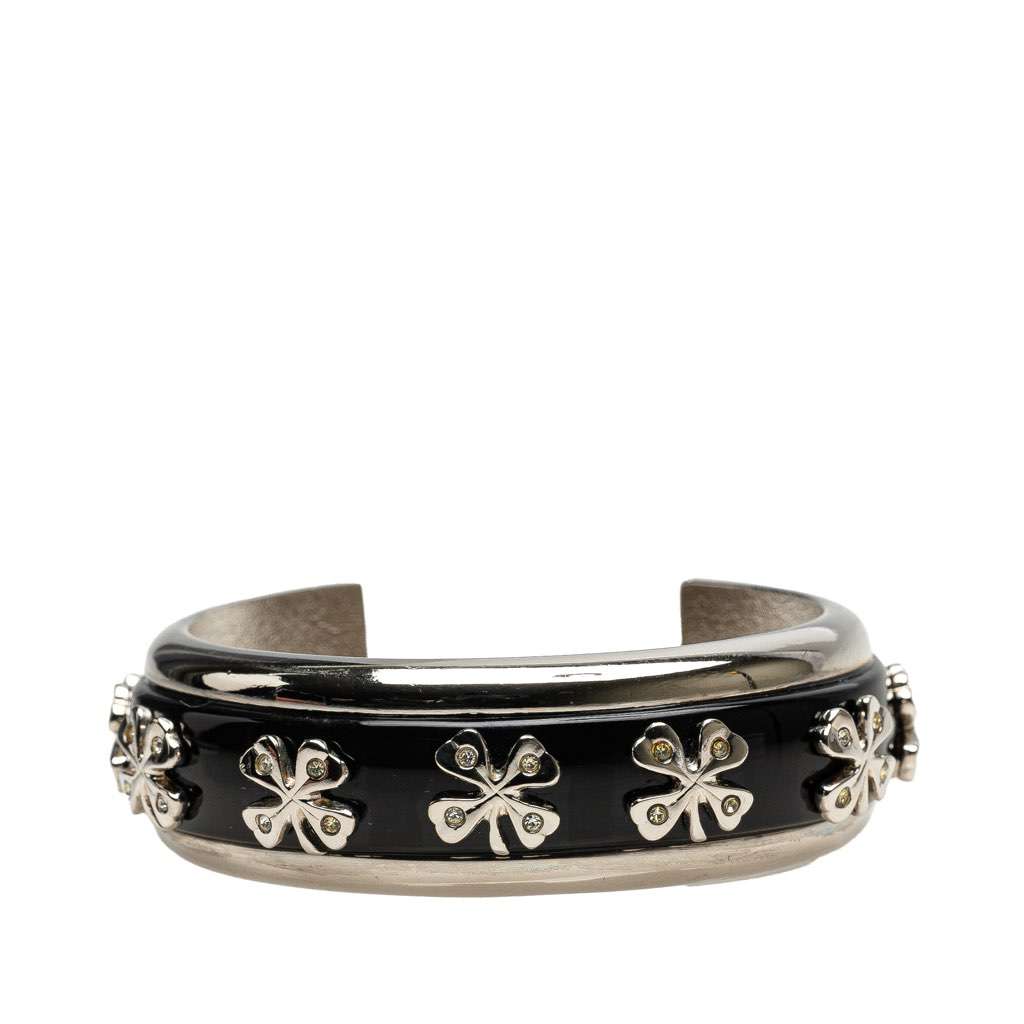 Chanel Silver Plated Enamel Rhinestone Clover Cuff Bracelet Silver Brass Good condition - Front View