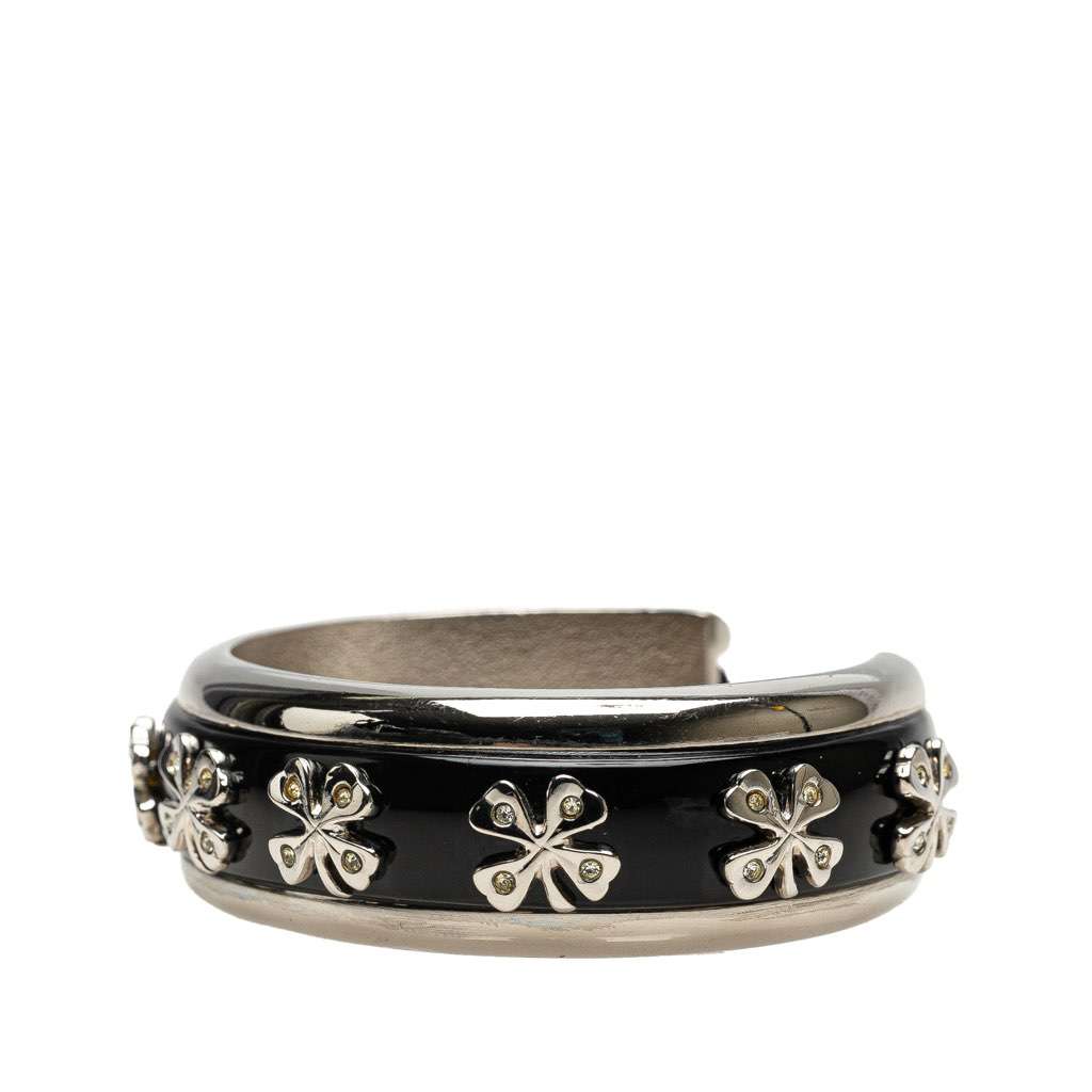 Chanel Silver Plated Enamel Rhinestone Clover Cuff Bracelet Silver Brass Good condition - Back View