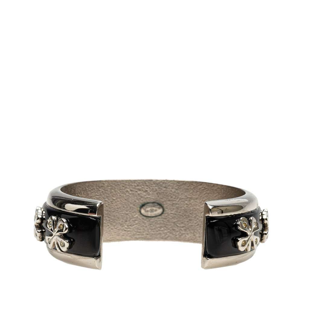 Chanel Silver Plated Enamel Rhinestone Clover Cuff Bracelet Silver Brass Good condition - Inside View