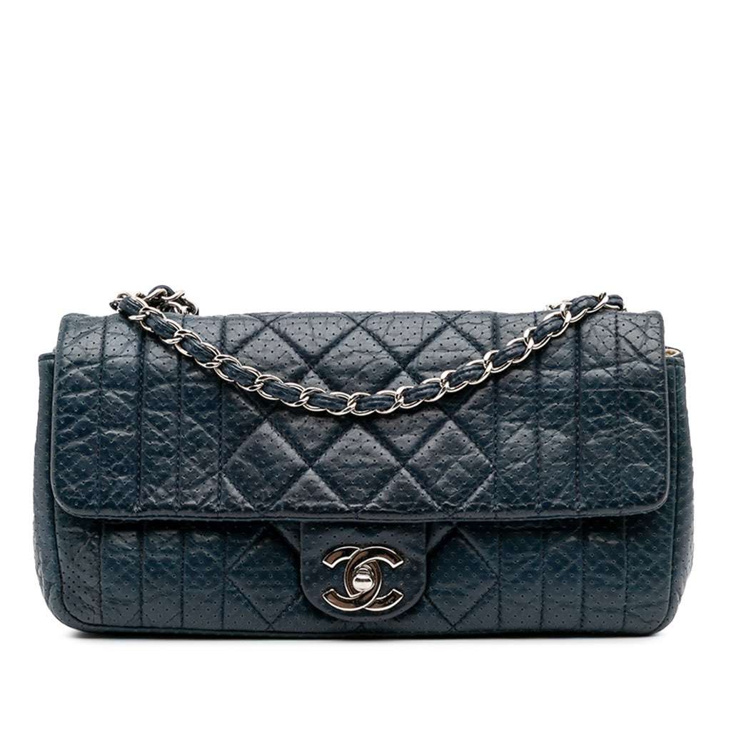 Chanel CC Quilted Perforated Aged Calfskin Flap Blue Leather Good - Front View