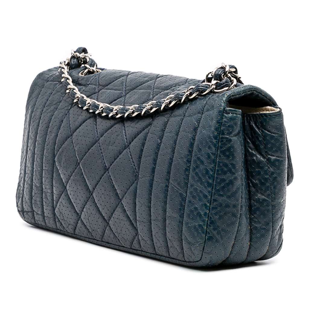 Chanel CC Quilted Perforated Aged Calfskin Flap Blue Leather Good - Back View