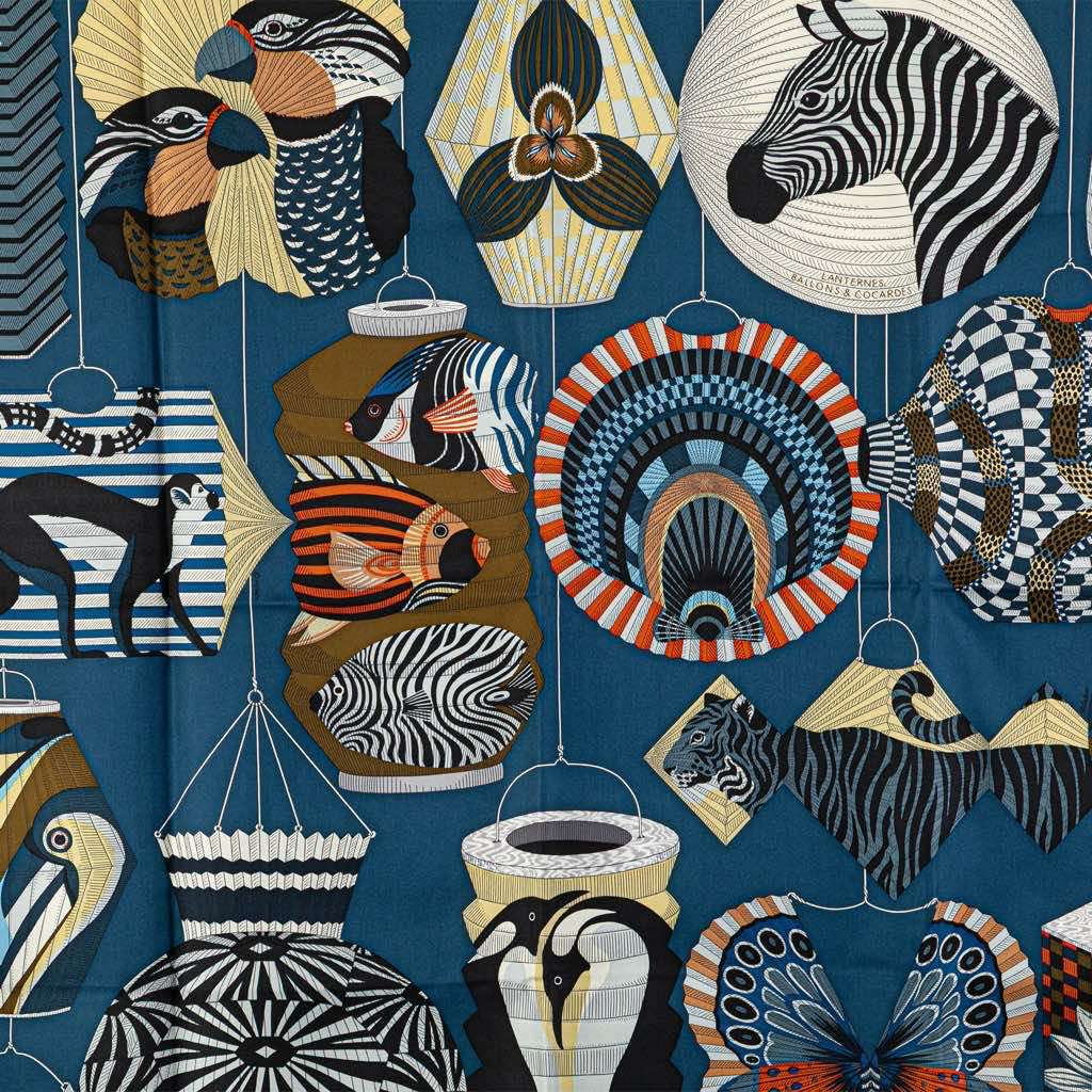 Hermès Lanternes Ballons et Cocardes Silk Scarf Blue Silk Good condition - Inside View