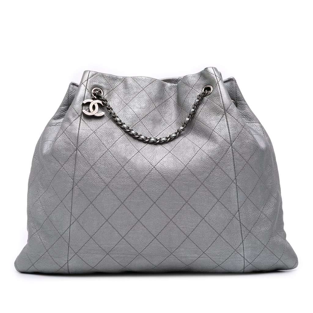 Chanel Metallic Quilted Calfskin Drawstring Bucket Bag Silver Leather Good - Front View