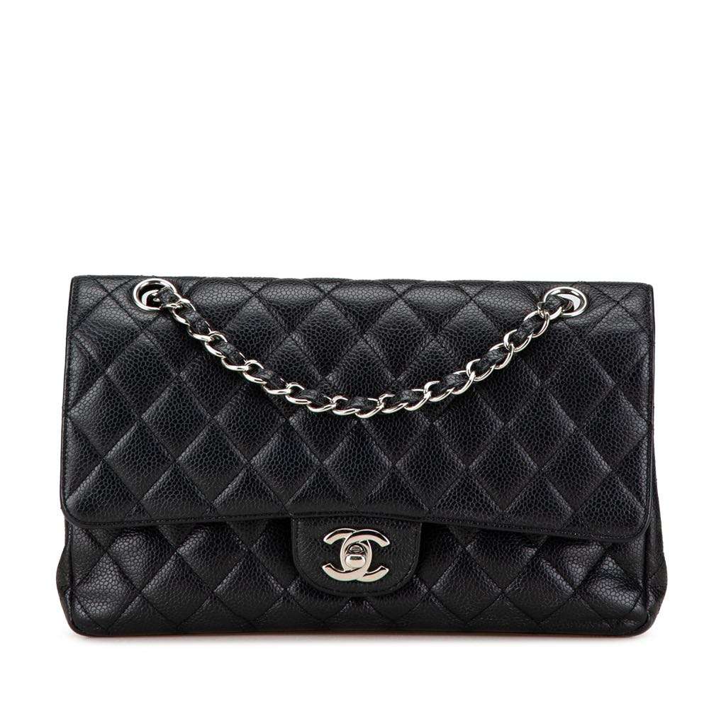 Chanel Medium Classic Caviar Double Flap Black Leather Good - Front View