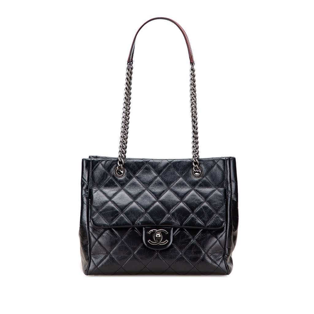 Chanel Small Quilted Glazed Calfskin Duo Color Tote Black Leather Very good condition - Front View