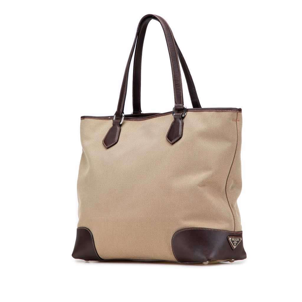 Prada Leather Trimmed Canvas Canapa Logo Satchel Brown Canvas Good - Back View