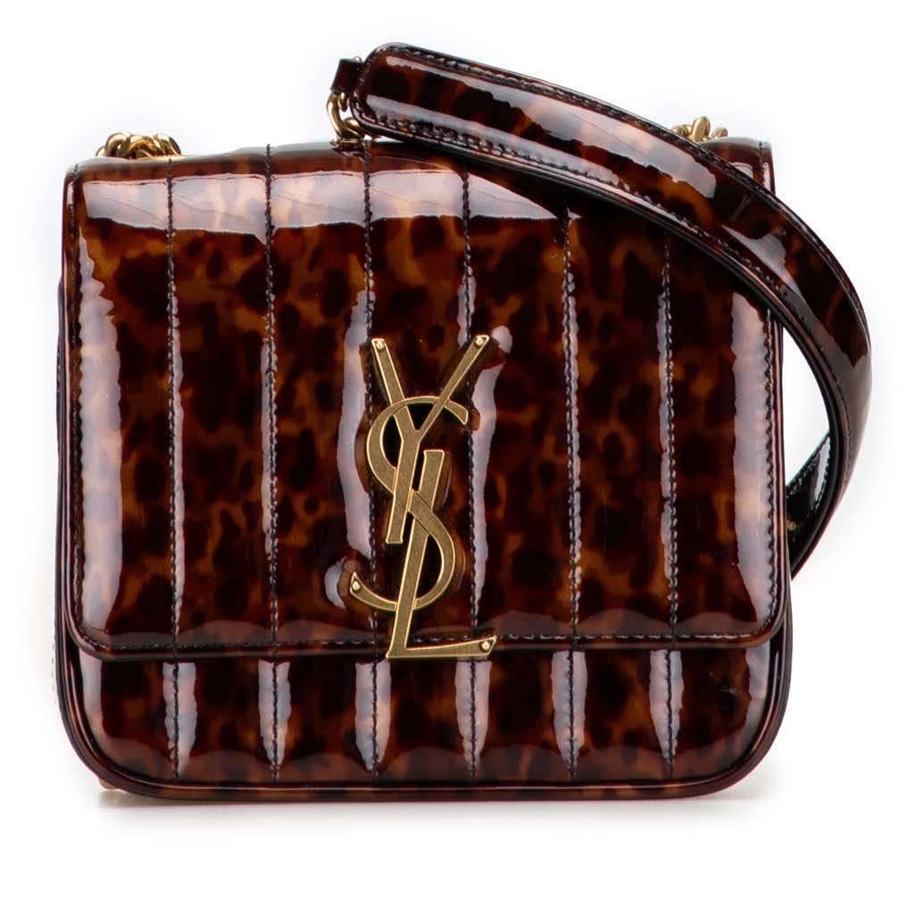 Saint Laurent Small Patent Monogram Tortoiseshell Vicky Chain Bag Brown Leather Good - Front View