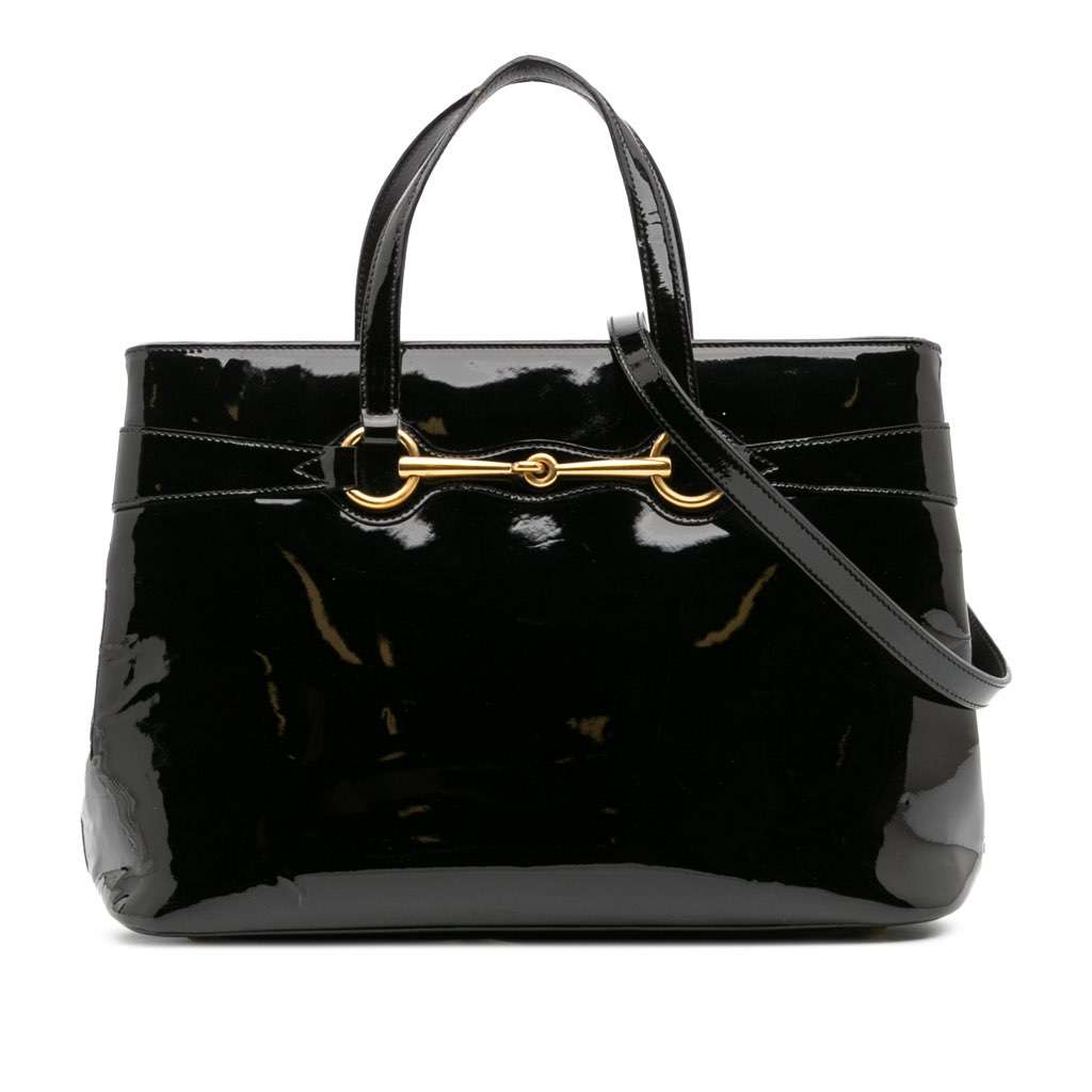 Gucci Patent Bright Bit Satchel Black Leather Fair - Front View