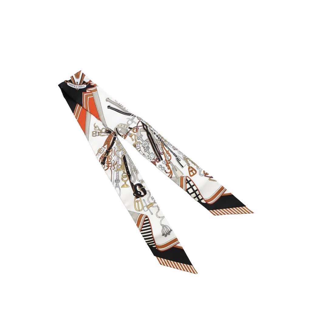 Hermès Bouquets Sellier Silk Twilly Scarf White Silk Very good condition - Back View