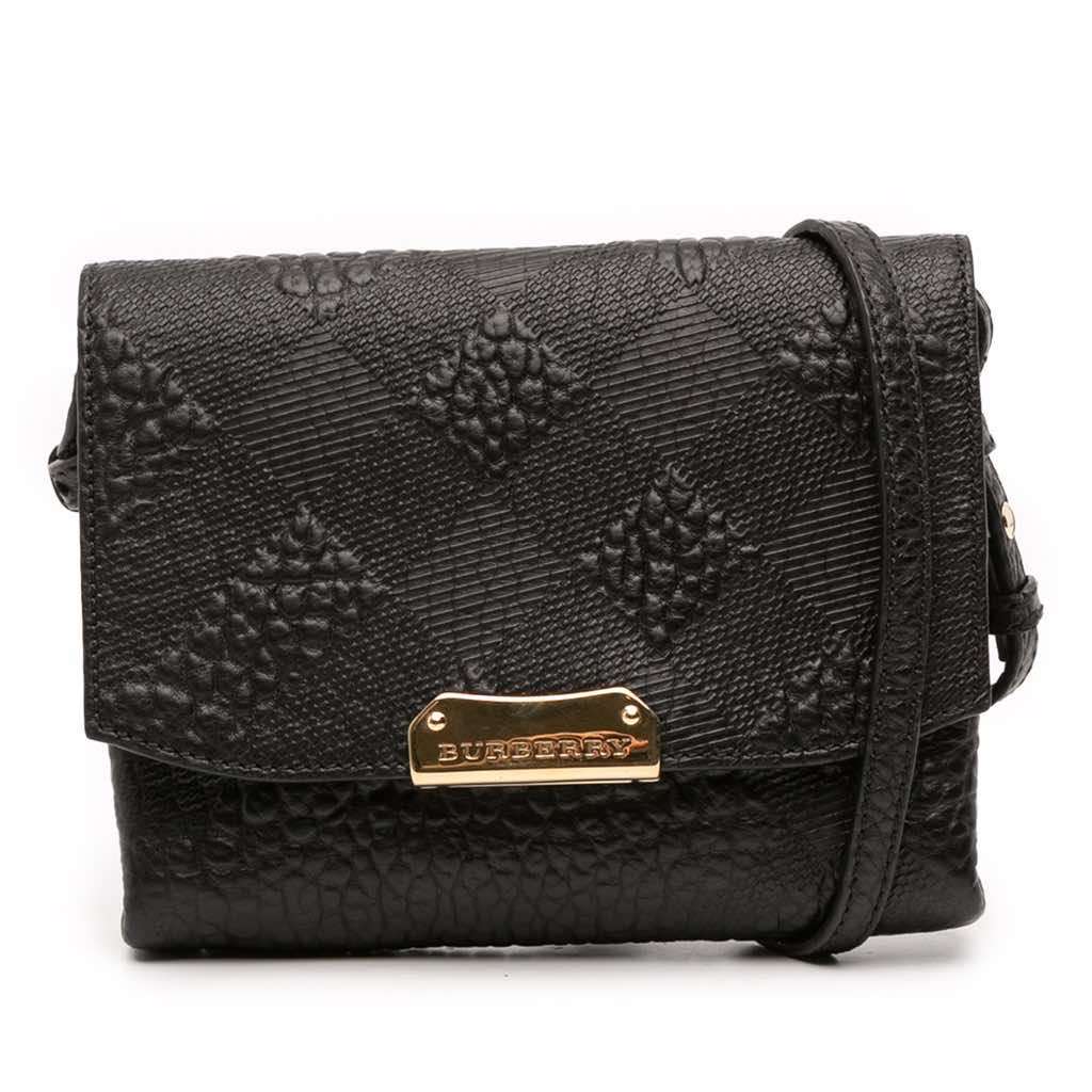 Burberry Embossed Grain Check Leather Langley Crossbody Black Leather Good - Front View