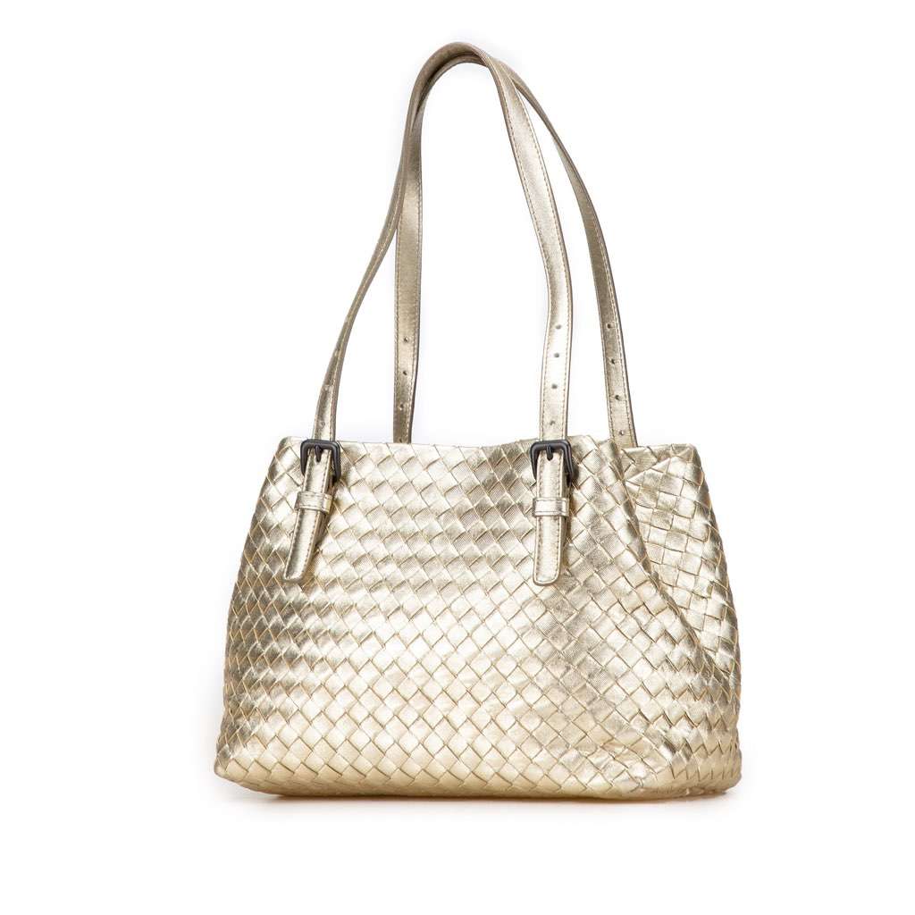 Bottega Veneta Small Metallic Nappa Intrecciato Cesta Tote Gold Leather Good - Back View