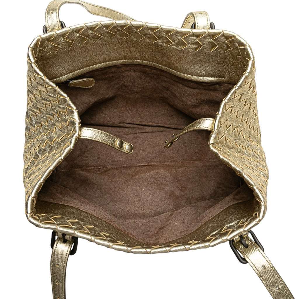 Bottega Veneta Small Metallic Nappa Intrecciato Cesta Tote Gold Leather Good - Model View