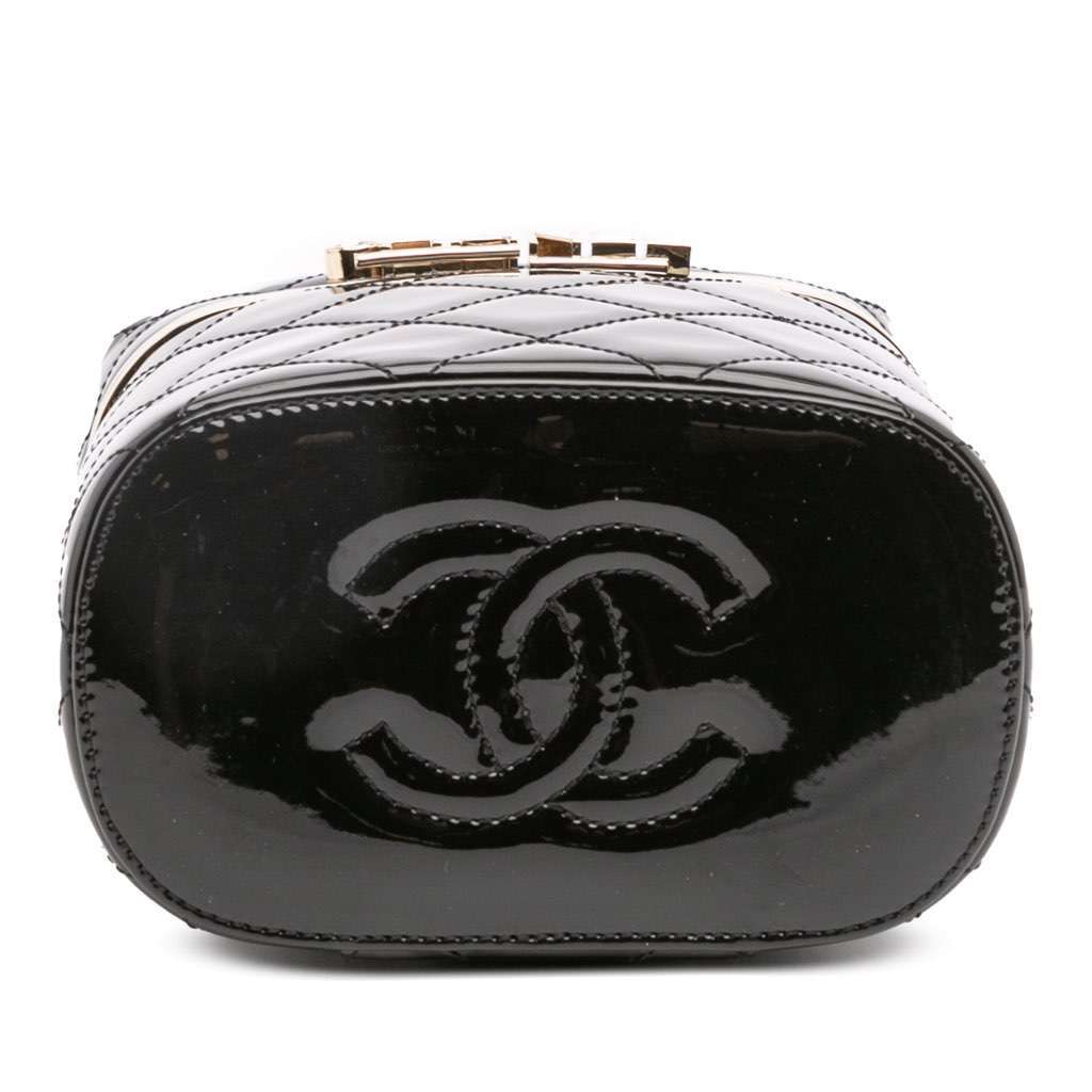 Chanel Quilted Patent Logo Chain Vanity Case Black Leather Very good - Inside View